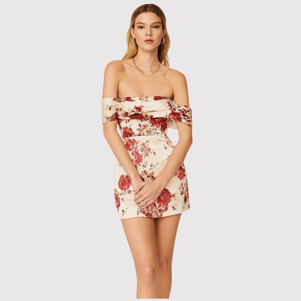 Reformation Mini Dress Beige Lanelle Silk Floral Off Shoulder Satin Smocked XS